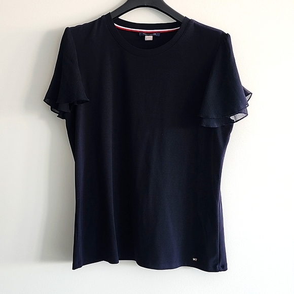 TOMMY HILFIGER Navy Top With Sheer Sleeve Detail Size Medium - Picture 1 of 7